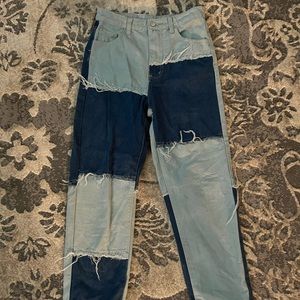 light and dark wash patchwork boyfriend jeans